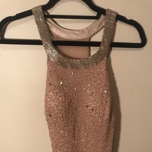 Full length pink and silver sequin dress